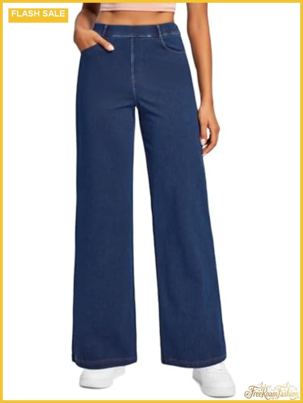 Wide Leg Pull On Jeans for Women Stretchy High Rise 5 Pocket
